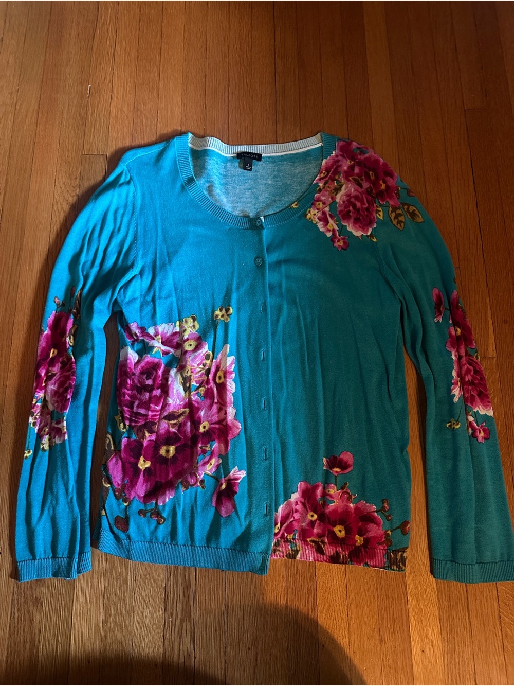 Talbots Deep Cerulean Floral Cotton/Rayon Cardigan, Size L